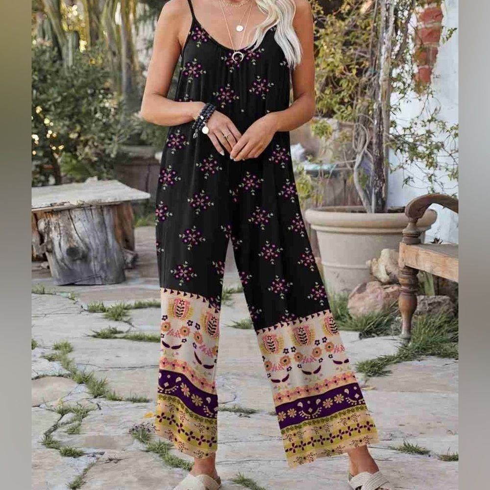 Anrabess LOOSE SPAGHETTI STRAP JUMPSUITS STRETCH WIDE LEG ROMPERS WITH 2 POCKETS